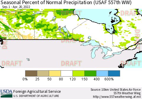 Canada Seasonal Percent of Normal Precipitation (USAF 557th WW) Thematic Map For 9/1/2021 - 4/20/2022
