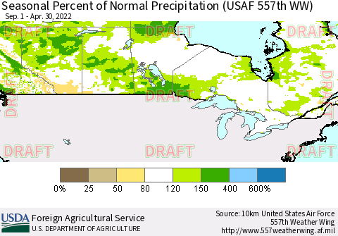 Canada Seasonal Percent of Normal Precipitation (USAF 557th WW) Thematic Map For 9/1/2021 - 4/30/2022