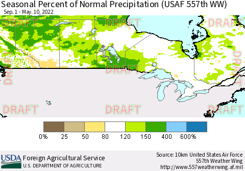 Canada Seasonal Percent of Normal Precipitation (USAF 557th WW) Thematic Map For 9/1/2021 - 5/10/2022