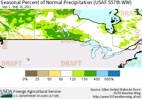 Canada Seasonal Percent of Normal Precipitation (USAF 557th WW) Thematic Map For 9/1/2021 - 5/20/2022