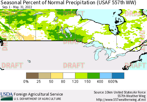 Canada Seasonal Percent of Normal Precipitation (USAF 557th WW) Thematic Map For 9/1/2021 - 5/31/2022
