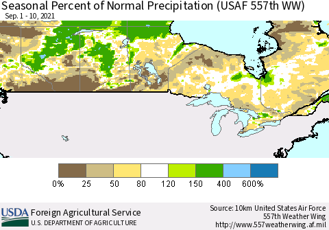 Canada Seasonal Percent of Normal Precipitation (USAF 557th WW) Thematic Map For 9/1/2021 - 9/10/2021