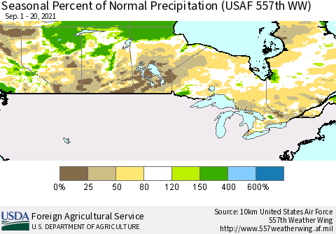 Canada Seasonal Percent of Normal Precipitation (USAF 557th WW) Thematic Map For 9/1/2021 - 9/20/2021
