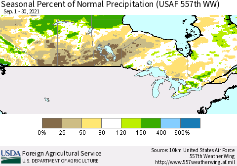 Canada Seasonal Percent of Normal Precipitation (USAF 557th WW) Thematic Map For 9/1/2021 - 9/30/2021