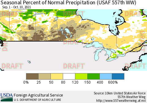 Canada Seasonal Percent of Normal Precipitation (USAF 557th WW) Thematic Map For 9/1/2021 - 10/10/2021