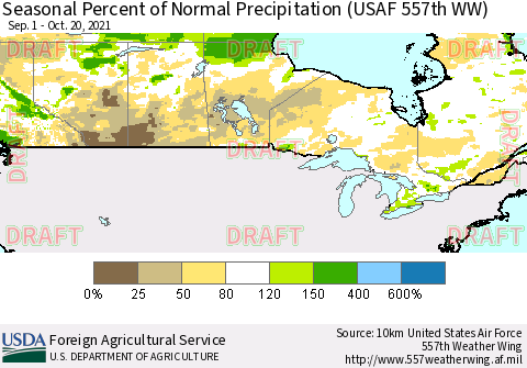 Canada Seasonal Percent of Normal Precipitation (USAF 557th WW) Thematic Map For 9/1/2021 - 10/20/2021