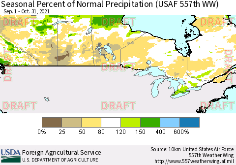 Canada Seasonal Percent of Normal Precipitation (USAF 557th WW) Thematic Map For 9/1/2021 - 10/31/2021