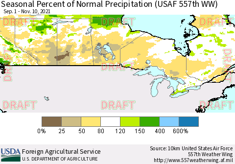 Canada Seasonal Percent of Normal Precipitation (USAF 557th WW) Thematic Map For 9/1/2021 - 11/10/2021