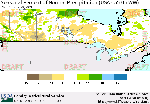 Canada Seasonal Percent of Normal Precipitation (USAF 557th WW) Thematic Map For 9/1/2021 - 11/20/2021