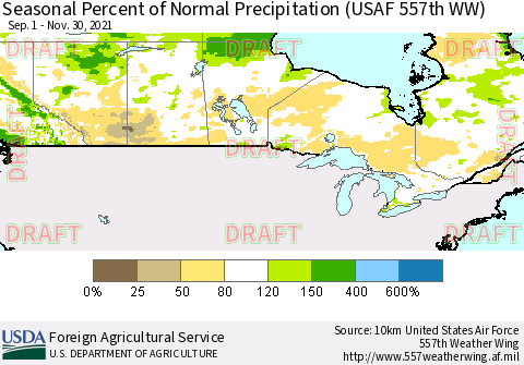 Canada Seasonal Percent of Normal Precipitation (USAF 557th WW) Thematic Map For 9/1/2021 - 11/30/2021