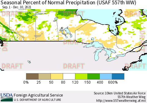 Canada Seasonal Percent of Normal Precipitation (USAF 557th WW) Thematic Map For 9/1/2021 - 12/10/2021