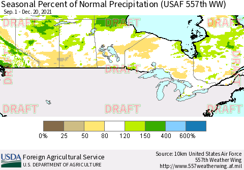 Canada Seasonal Percent of Normal Precipitation (USAF 557th WW) Thematic Map For 9/1/2021 - 12/20/2021