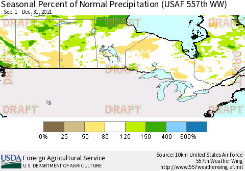 Canada Seasonal Percent of Normal Precipitation (USAF 557th WW) Thematic Map For 9/1/2021 - 12/31/2021