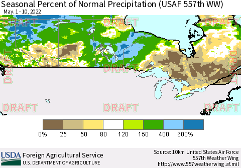Canada Seasonal Percent of Normal Precipitation (USAF 557th WW) Thematic Map For 5/1/2022 - 5/10/2022