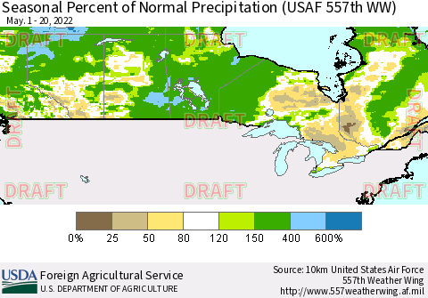Canada Seasonal Percent of Normal Precipitation (USAF 557th WW) Thematic Map For 5/1/2022 - 5/20/2022