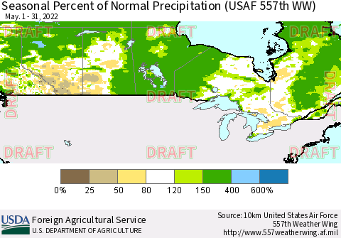 Canada Seasonal Percent of Normal Precipitation (USAF 557th WW) Thematic Map For 5/1/2022 - 5/31/2022