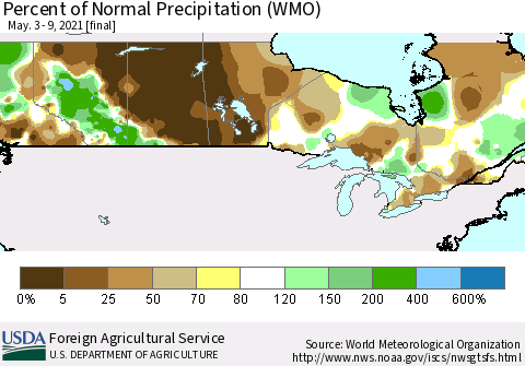 Canada Percent of Normal Precipitation (WMO) Thematic Map For 5/3/2021 - 5/9/2021