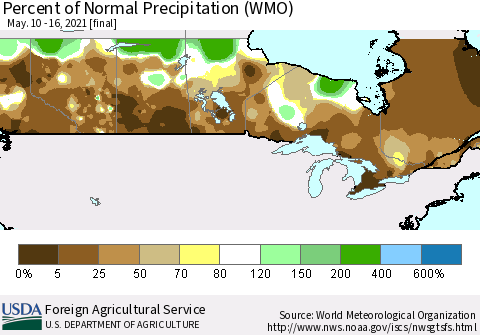 Canada Percent of Normal Precipitation (WMO) Thematic Map For 5/10/2021 - 5/16/2021