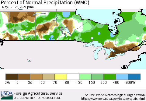 Canada Percent of Normal Precipitation (WMO) Thematic Map For 5/17/2021 - 5/23/2021