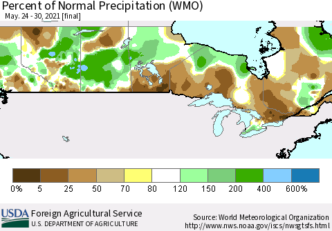 Canada Percent of Normal Precipitation (WMO) Thematic Map For 5/24/2021 - 5/30/2021