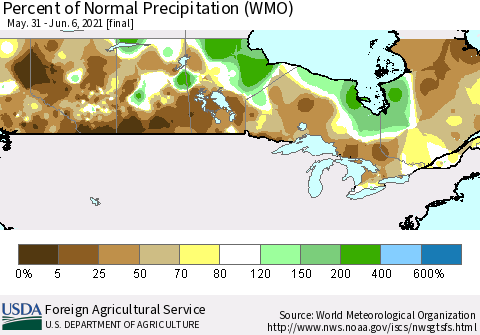 Canada Percent of Normal Precipitation (WMO) Thematic Map For 5/31/2021 - 6/6/2021