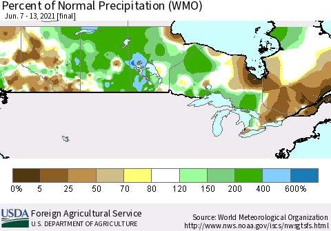 Canada Percent of Normal Precipitation (WMO) Thematic Map For 6/7/2021 - 6/13/2021