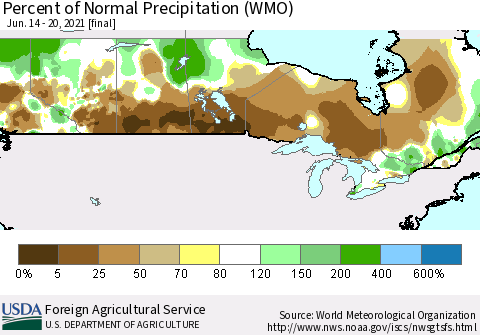 Canada Percent of Normal Precipitation (WMO) Thematic Map For 6/14/2021 - 6/20/2021