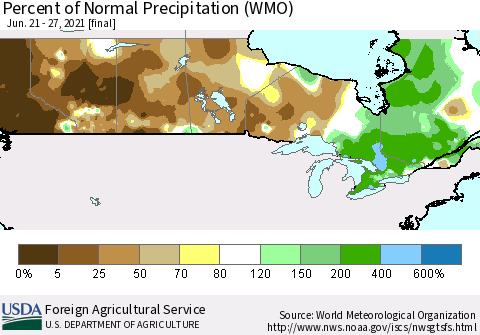 Canada Percent of Normal Precipitation (WMO) Thematic Map For 6/21/2021 - 6/27/2021