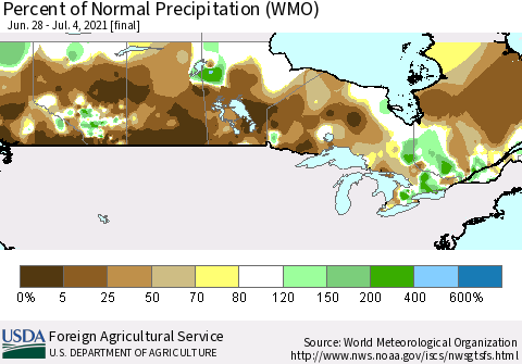 Canada Percent of Normal Precipitation (WMO) Thematic Map For 6/28/2021 - 7/4/2021