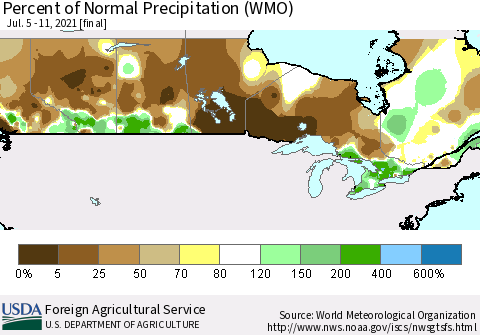 Canada Percent of Normal Precipitation (WMO) Thematic Map For 7/5/2021 - 7/11/2021