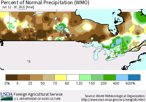 Canada Percent of Normal Precipitation (WMO) Thematic Map For 7/12/2021 - 7/18/2021