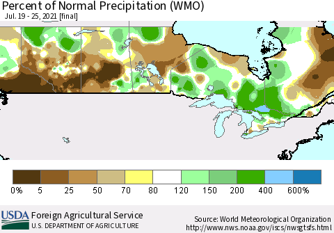 Canada Percent of Normal Precipitation (WMO) Thematic Map For 7/19/2021 - 7/25/2021