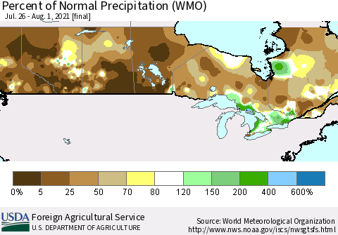 Canada Percent of Normal Precipitation (WMO) Thematic Map For 7/26/2021 - 8/1/2021