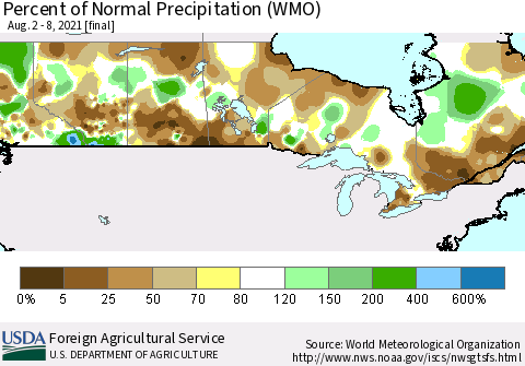Canada Percent of Normal Precipitation (WMO) Thematic Map For 8/2/2021 - 8/8/2021