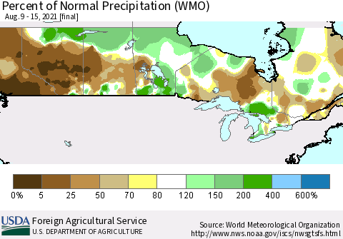 Canada Percent of Normal Precipitation (WMO) Thematic Map For 8/9/2021 - 8/15/2021