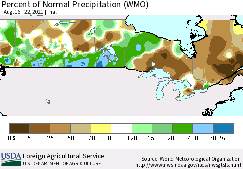 Canada Percent of Normal Precipitation (WMO) Thematic Map For 8/16/2021 - 8/22/2021