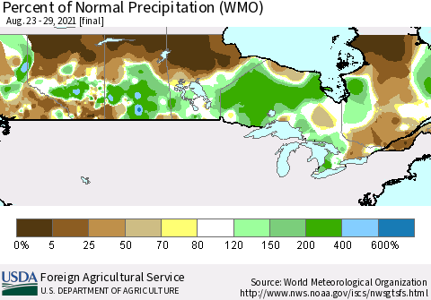 Canada Percent of Normal Precipitation (WMO) Thematic Map For 8/23/2021 - 8/29/2021