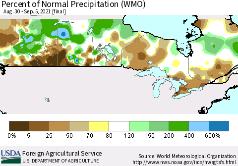 Canada Percent of Normal Precipitation (WMO) Thematic Map For 8/30/2021 - 9/5/2021