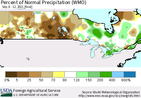 Canada Percent of Normal Precipitation (WMO) Thematic Map For 9/6/2021 - 9/12/2021