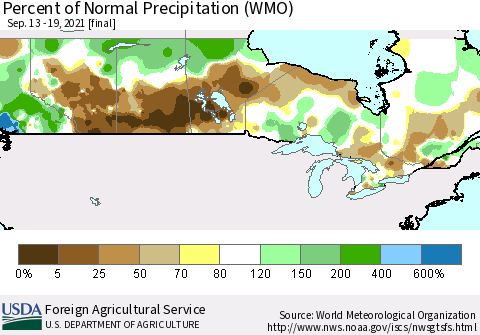 Canada Percent of Normal Precipitation (WMO) Thematic Map For 9/13/2021 - 9/19/2021