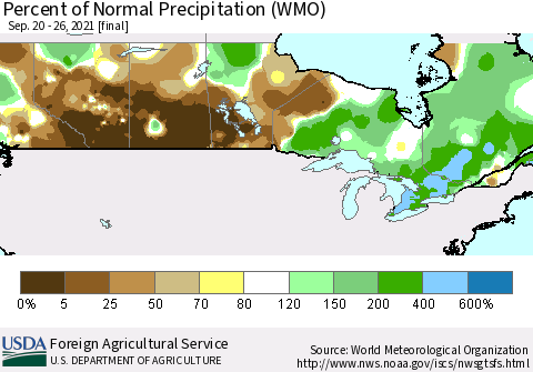 Canada Percent of Normal Precipitation (WMO) Thematic Map For 9/20/2021 - 9/26/2021