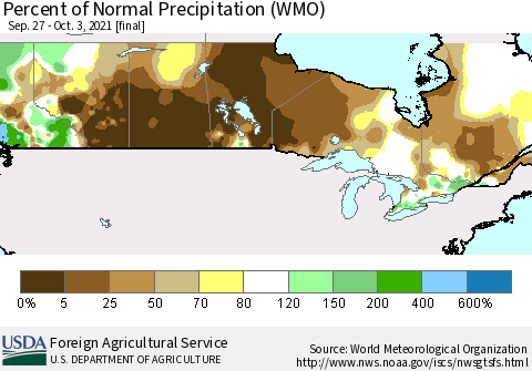 Canada Percent of Normal Precipitation (WMO) Thematic Map For 9/27/2021 - 10/3/2021