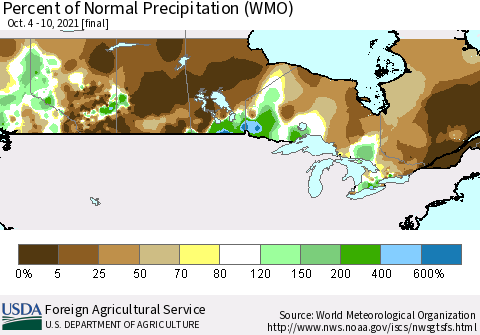Canada Percent of Normal Precipitation (WMO) Thematic Map For 10/4/2021 - 10/10/2021