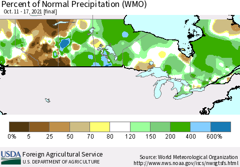Canada Percent of Normal Precipitation (WMO) Thematic Map For 10/11/2021 - 10/17/2021