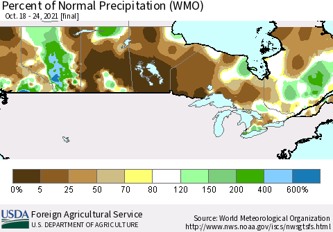 Canada Percent of Normal Precipitation (WMO) Thematic Map For 10/18/2021 - 10/24/2021