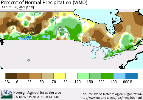 Canada Percent of Normal Precipitation (WMO) Thematic Map For 10/25/2021 - 10/31/2021