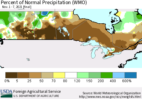 Canada Percent of Normal Precipitation (WMO) Thematic Map For 11/1/2021 - 11/7/2021