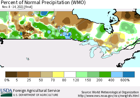 Canada Percent of Normal Precipitation (WMO) Thematic Map For 11/8/2021 - 11/14/2021