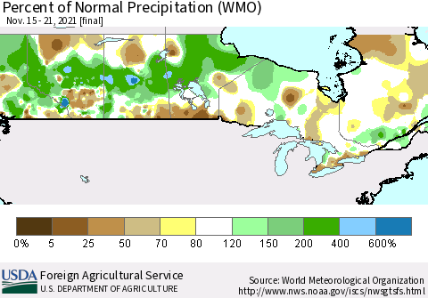 Canada Percent of Normal Precipitation (WMO) Thematic Map For 11/15/2021 - 11/21/2021