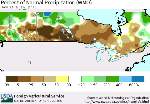 Canada Percent of Normal Precipitation (WMO) Thematic Map For 11/22/2021 - 11/28/2021